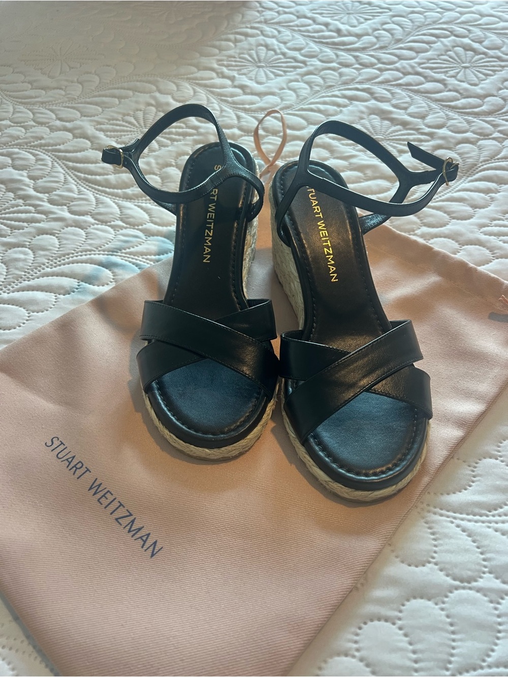 Stuart Weitzman Black Leather Espadrille Wedge Sandals with Ankle Strap